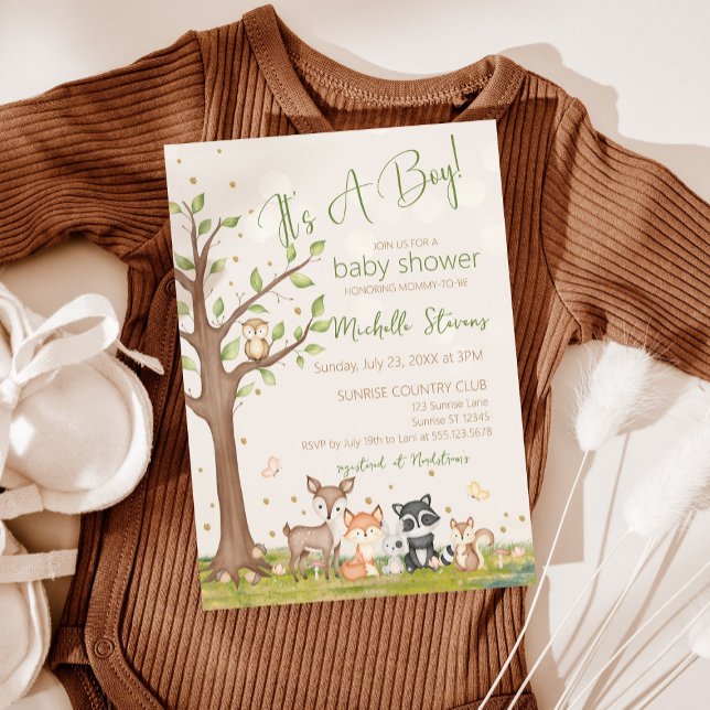 Invitation Vert Brown Garçon Aquarelle Bois Animaux (Créateur téléchargé)