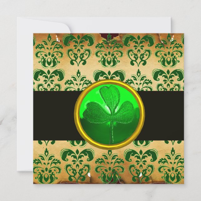 Invitation VERT BRUN DAMAS PARCHEMIN AVEC TRÈFLE, noir (Devant)