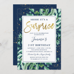 Invitation Vert chic Marine Blue Gold Surprise Anniversaire