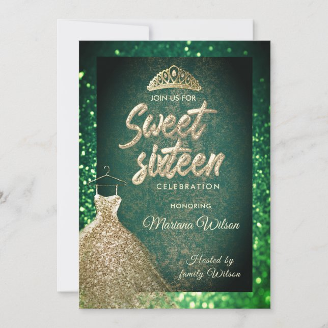 Invitation Vert chic Paillettes or robe tiara Sweet 16 (Devant)