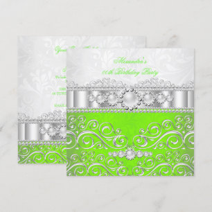 Invitation Vert Citron Blanc Dentelle Argent Perle Fête d'Ann