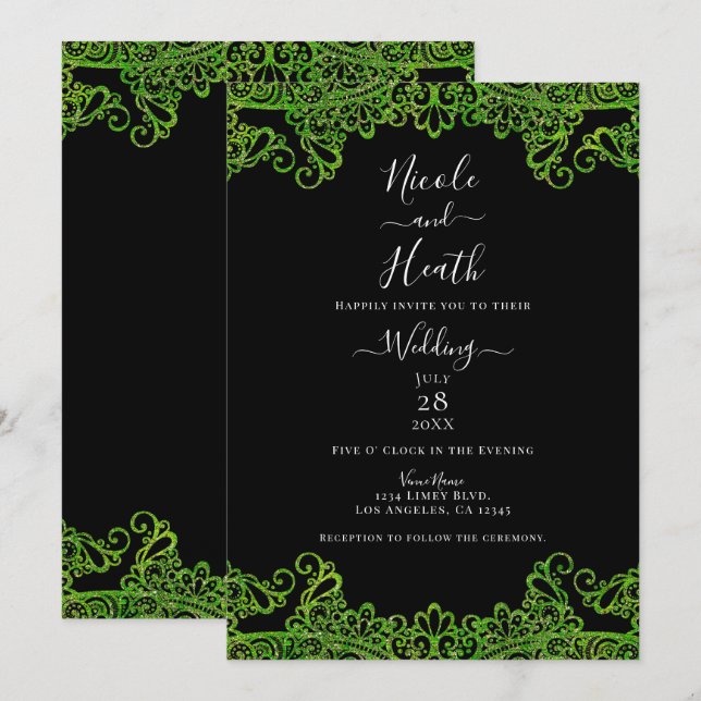 Invitation Vert Citron Paillettes Dentelle Mariage Noir (Devant / Derrière)