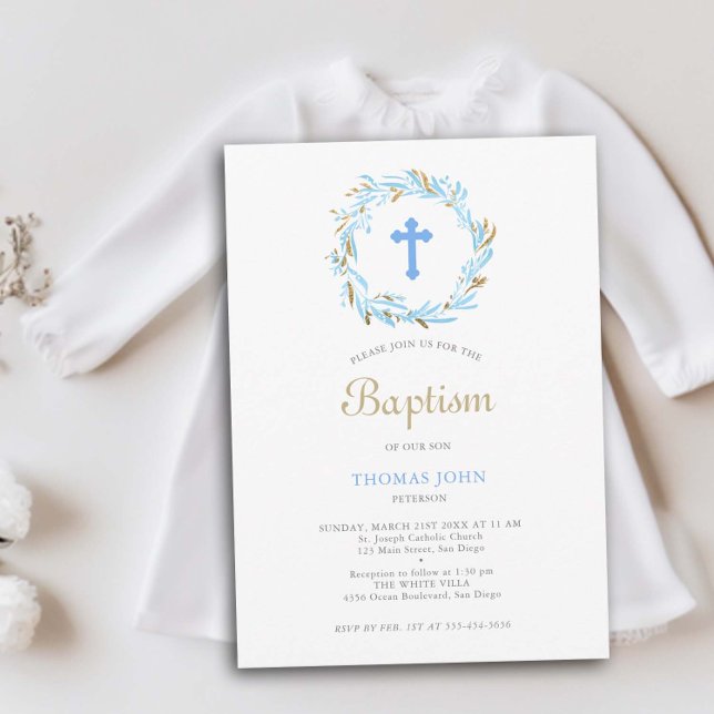 Invitation Vert Croix Bleue Or Élégant Baby Boy Baptism (greenery baby boy baptism christening invitation botanical wreath cross gold blue white elegant)