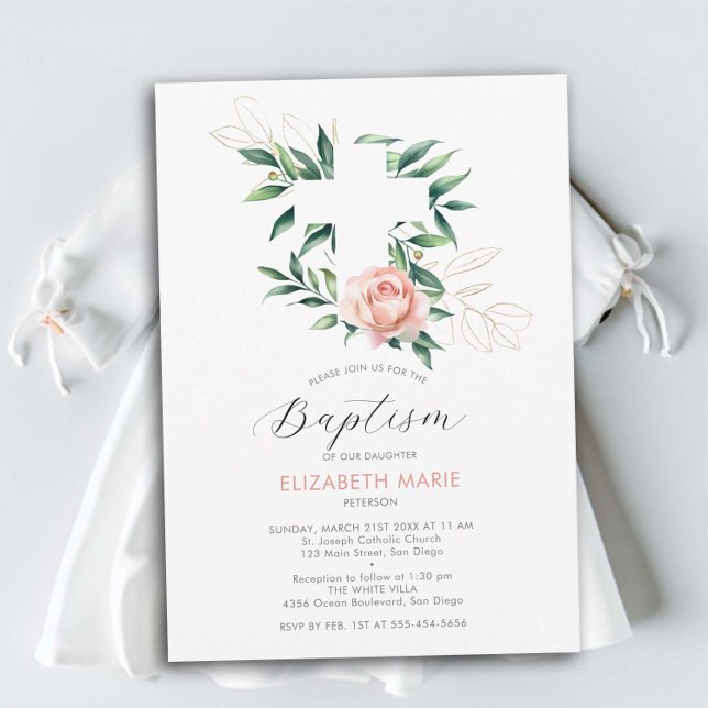 Invitation Vert Croix rose Blush Or Bébé fille Baptême Bébé (baby girl baptism invitation christening botanical greenery white cross pink blush rose elegant chic)