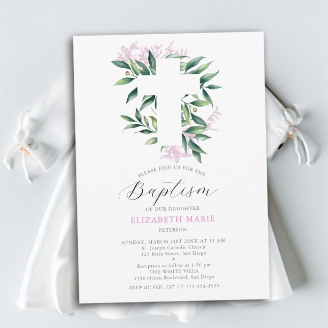 Invitation Vert Croix rose Botanique Baptême de fille Bébé ro (baby girl baptism invitation christening botanical greenery white cross pink floral elegant modern)