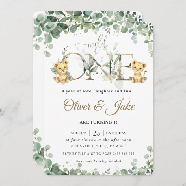 Invitation Vert Cute Lion Cubs Twins Boys 1er Anniversaire  (Devant / Derrière)