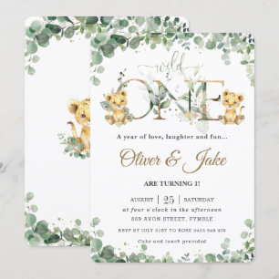 Invitation Vert Cute Lion Cubs Twins Boys 1er Anniversaire 