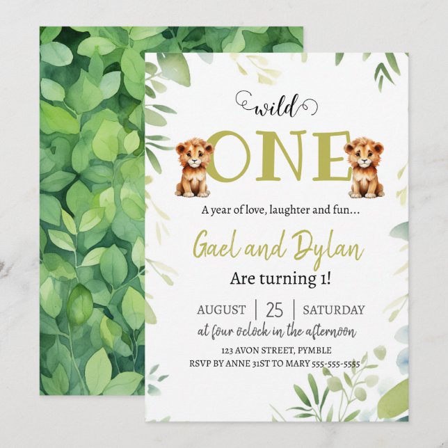 Invitation Vert Cute Lion Cubs Twins Boys 1er Anniversaire En (Devant / Derrière)