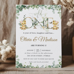 Invitation Vert Cute Lion Cubs Twins Girls 1er anniversaire