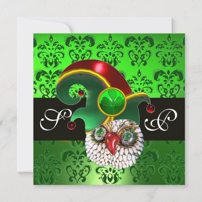 INVITATION VERT DAMASSÉ ,HIBOU JOAILLIER AVEC CHAPEAU D'ELF M (Devant)