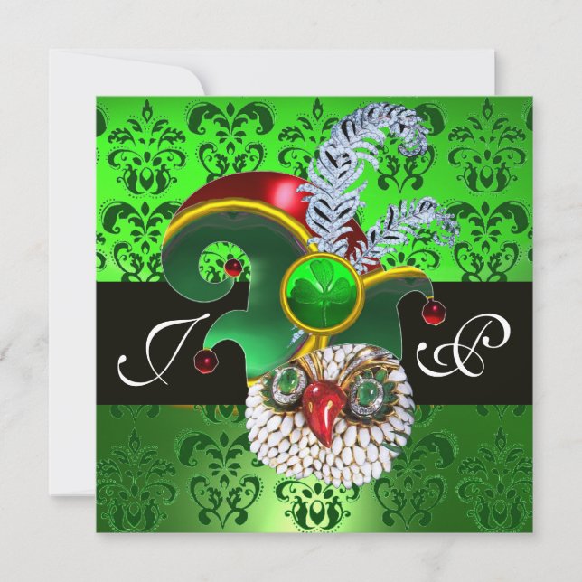 INVITATION VERT DAMASSÉ, HIBOU JOAILLIER, CHAPEAU D'ELF, PLUM (Devant)