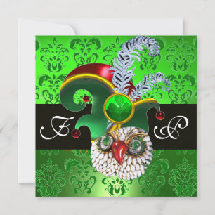 INVITATION VERT DAMASSÉ, HIBOU JOAILLIER, CHAPEAU D'ELF, PLUM