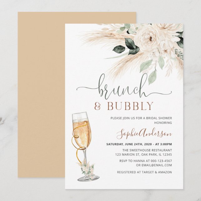 Invitation Vert Désert Boho Pampas Grass Brunch & Bubbly (Devant / Derrière)