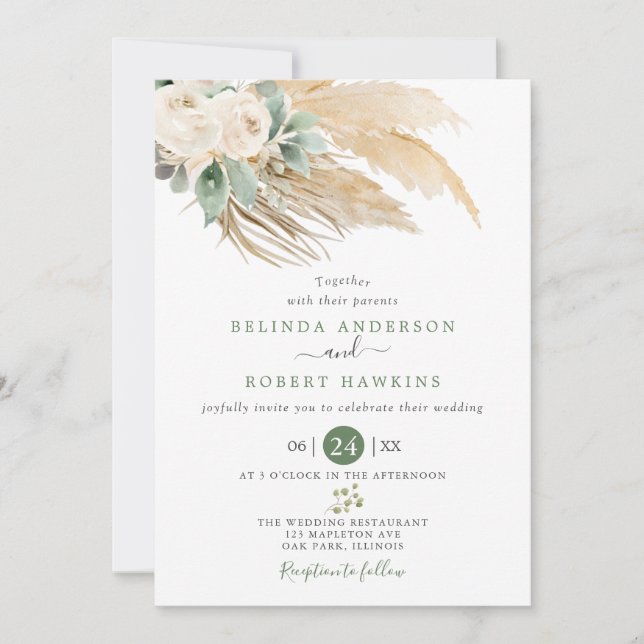 Invitation Vert Désert Boho Rose Pampas Mariage en herbe (Devant)