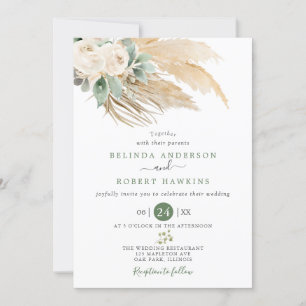 Invitation Vert Désert Boho Rose Pampas Mariage en herbe