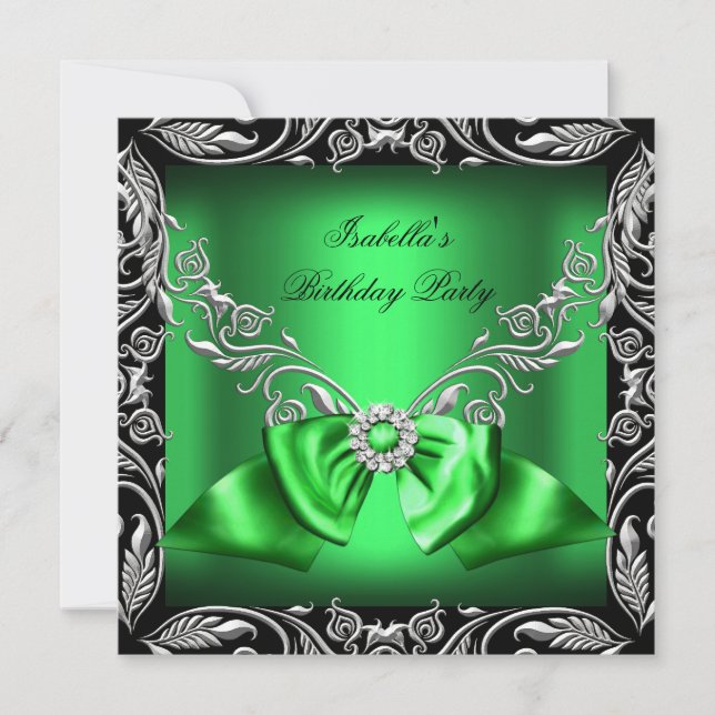 Invitation Vert Diamant Profond Arc Argent Noir Fête d'Annive (Devant)