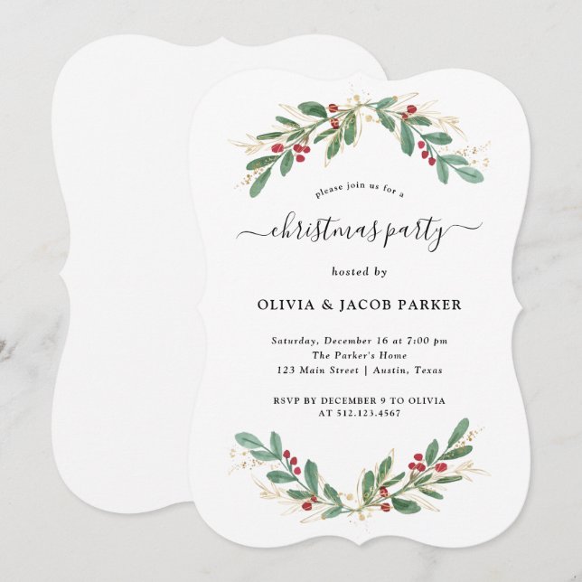 Invitation Vert doré blanc | Fête de Noël ou Fêtes (Devant / Derrière)