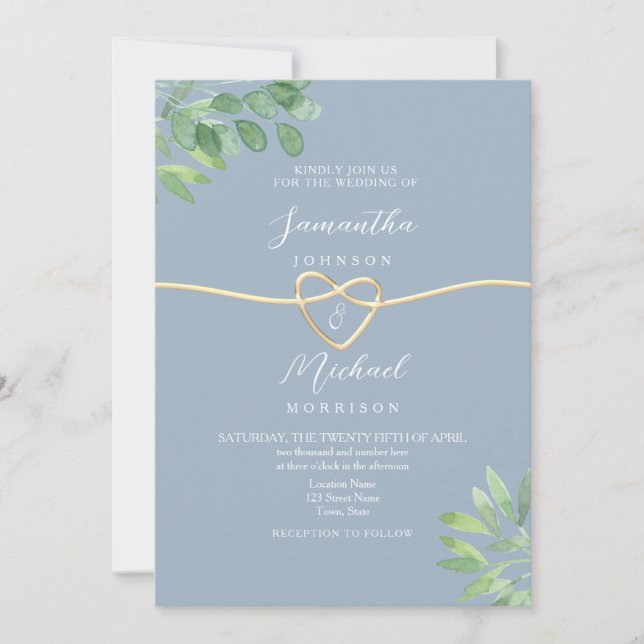 Invitation Vert Doré Cœur Bleu Poussiéreux Mariage (Devant)