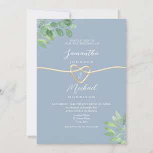 Invitation Vert Doré Cœur Bleu Poussiéreux Mariage