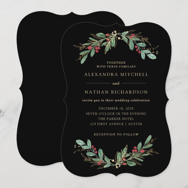 Invitation Vert doré Noir | Mariage de Noël (Devant / Derrière)