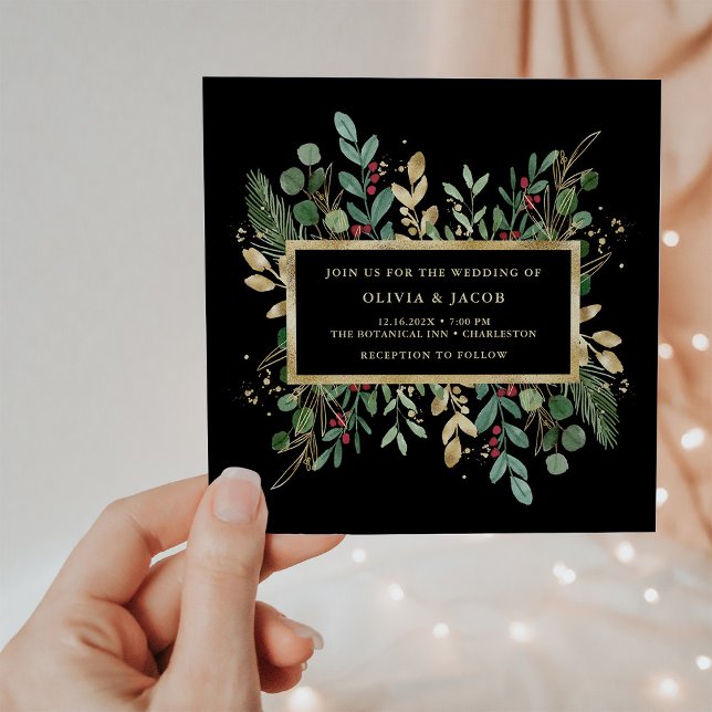Invitation Vert doré sur noir | Mariage de Noël (Créateur téléchargé)