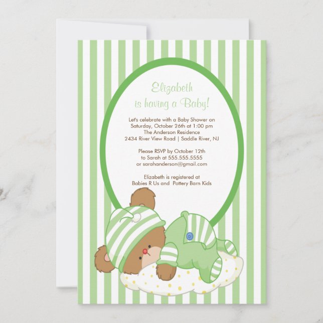 Invitation Vert doux d'invitation de baby shower d'ours de (Devant)