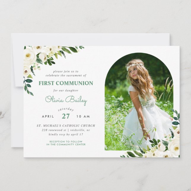 Invitation Vert doux Floral Photo Première communion (Devant)