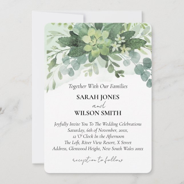 Invitation Vert doux Mariage Succulent Floral Botanique (Devant)