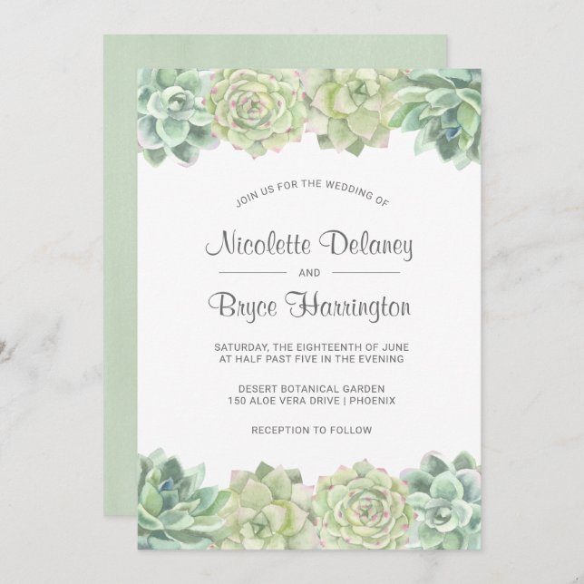 Invitation Vert du désert Aquarelle Succulents Mariage (Devant / Derrière)