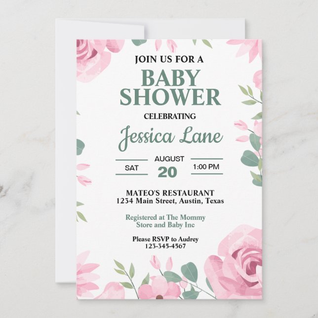 Invitation Vert écume de mer et rose Baby Shower (Devant)