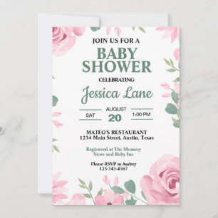 Invitation Vert écume de mer et rose Baby Shower