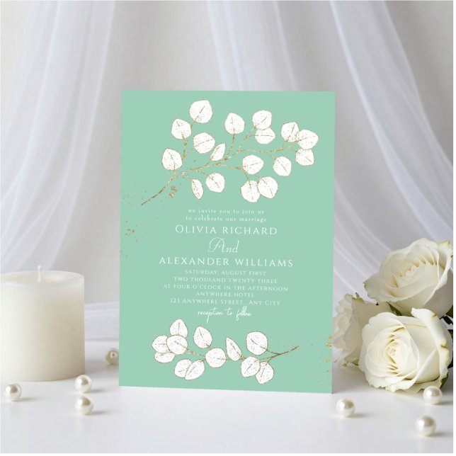 Invitation Vert écume de mer or et blanc Eucalyptus (Créateur téléchargé)