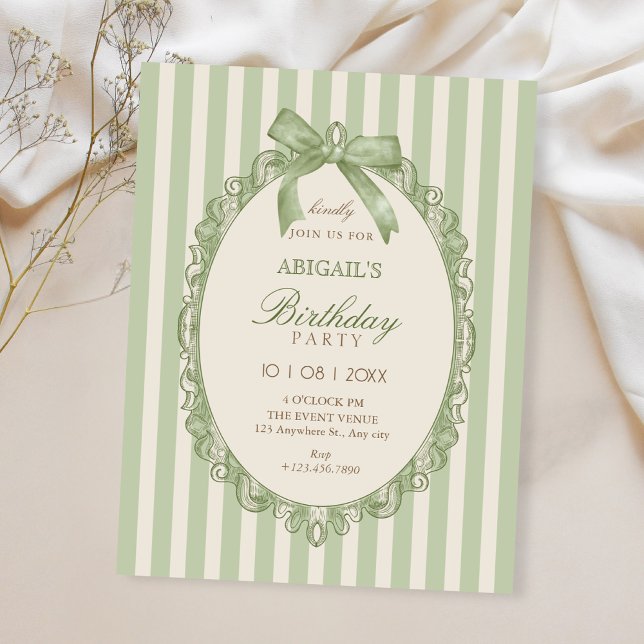 Invitation Vert élégant doux ruban vintage anniversaire (Créateur téléchargé)