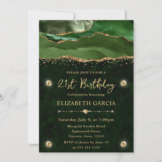 Invitation Vert élégant et agate pailletée or pour 21e annive (Devant)