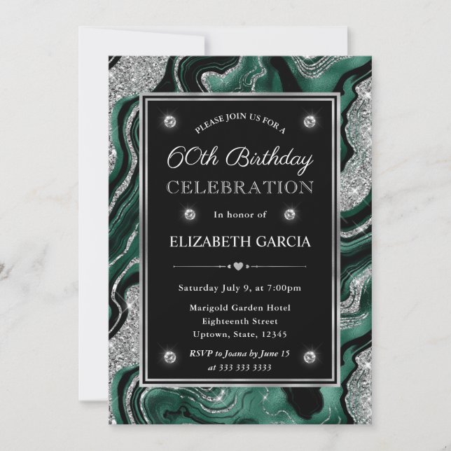 Invitation Vert élégant et argent pailleté Agate 60ème Annive (Devant)