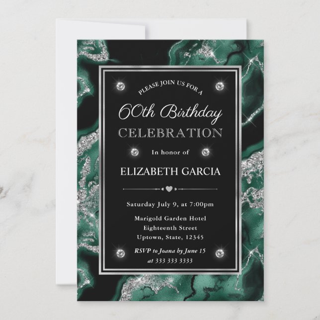 Invitation Vert élégant et argent pailleté Agate 60ème Annive (Devant)