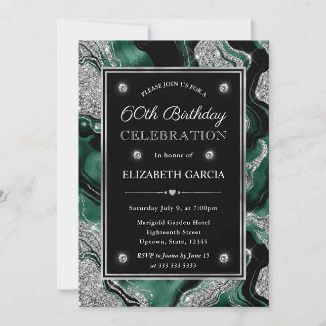 Invitation Vert élégant et argent pailleté Agate 60ème Annive (Devant)