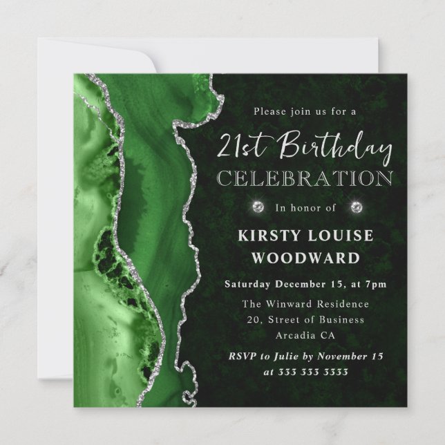 Invitation Vert élégant et argent paillettes Agate 21e annive (Devant)