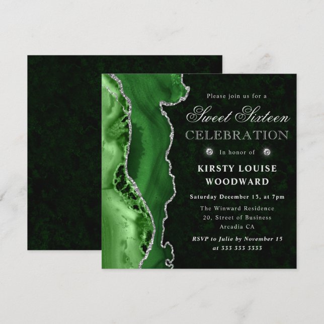 Invitation Vert élégant et argent paillettes agate Sweet Sixt (Devant / Derrière)