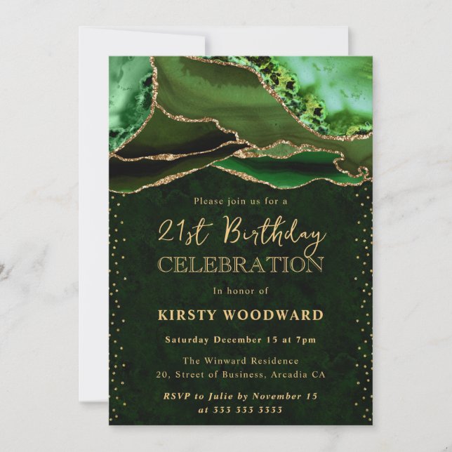 Invitation Vert élégant et or pailleté Agate 21e anniversaire (Devant)