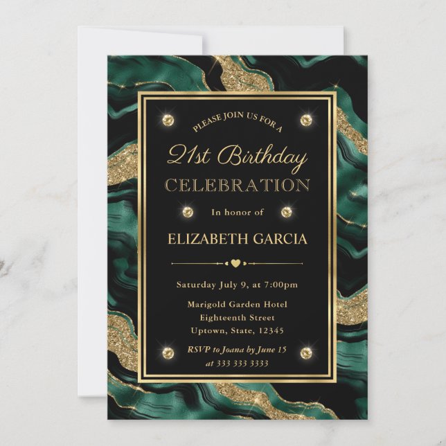 Invitation Vert élégant et or paillettes Agate 21e anniversai (Devant)