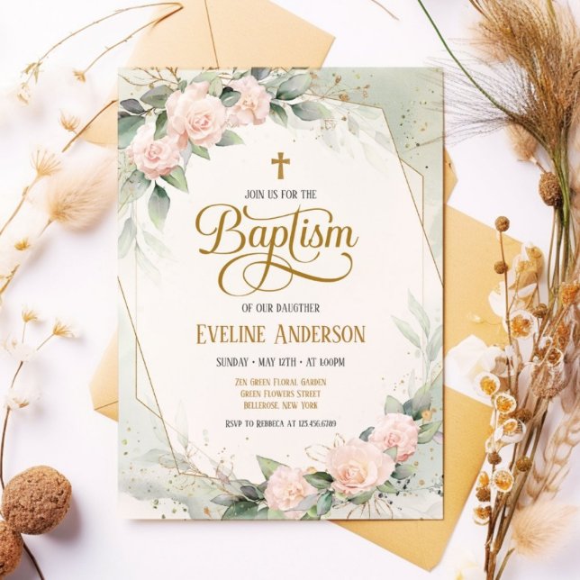 Invitation Vert Elégant Floral Vintage Aquarelle Baptême (Créateur téléchargé)