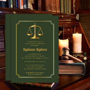 Invitation Vert élégant Gold Law Attorney Graduation Party