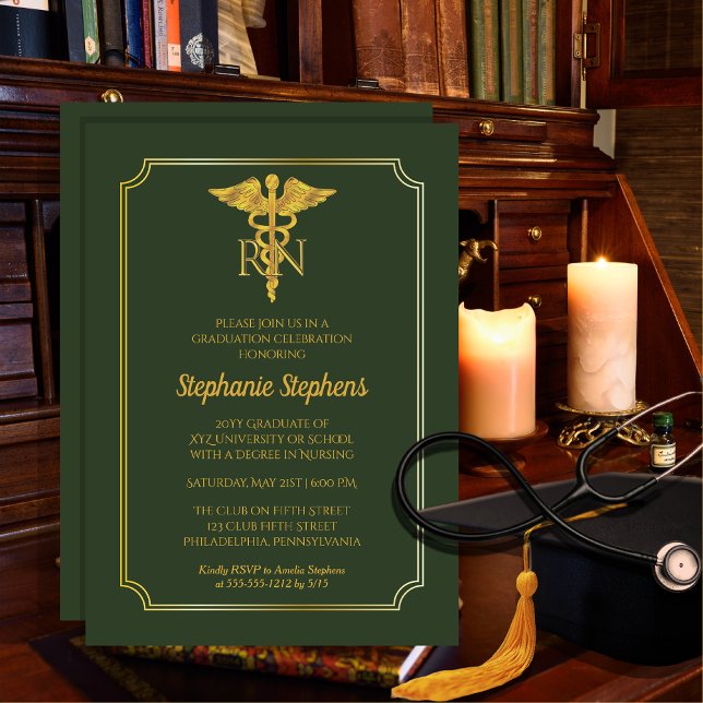 Invitation Vert élégant | Gold Nurse RN Graduation Party (Elegant Green | Gold Tone Nurse "RN" NonPhoto Graduation Announcement | Party Invitation  Print Digi)
