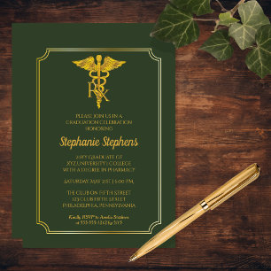 Invitation Vert élégant Gold Rx Pharmacy Graduation Party