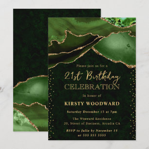 Invitation Vert élégant or paillettes agate 21e anniversaire