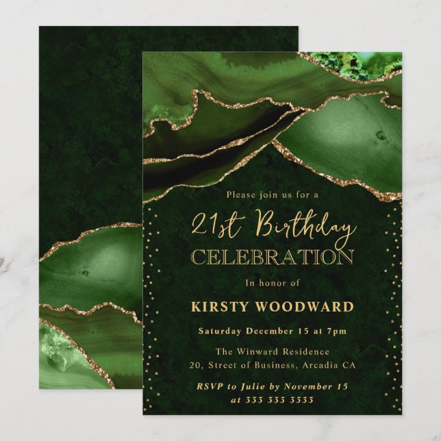 Invitation Vert élégant or paillettes agate 21e anniversaire (Devant / Derrière)