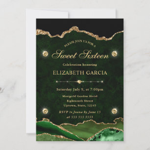 Invitation Vert élégant or paillettes agate Sweet Sixteen
