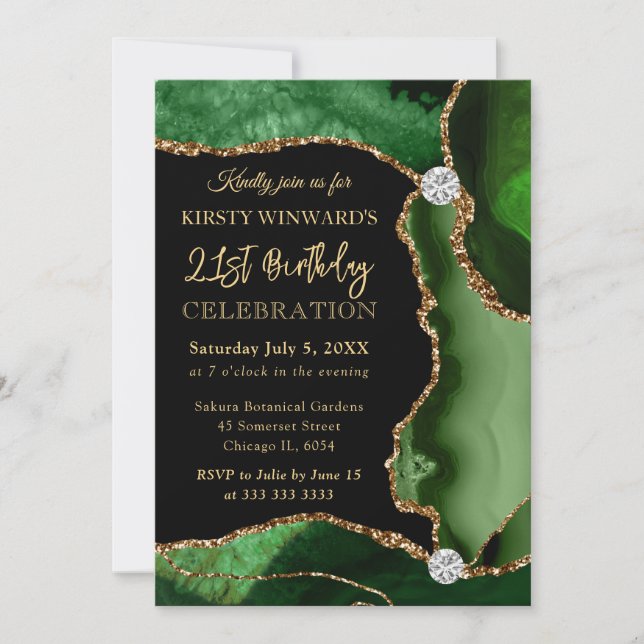 Invitation Vert élégant paillettes or agate 21e anniversaire (Devant)