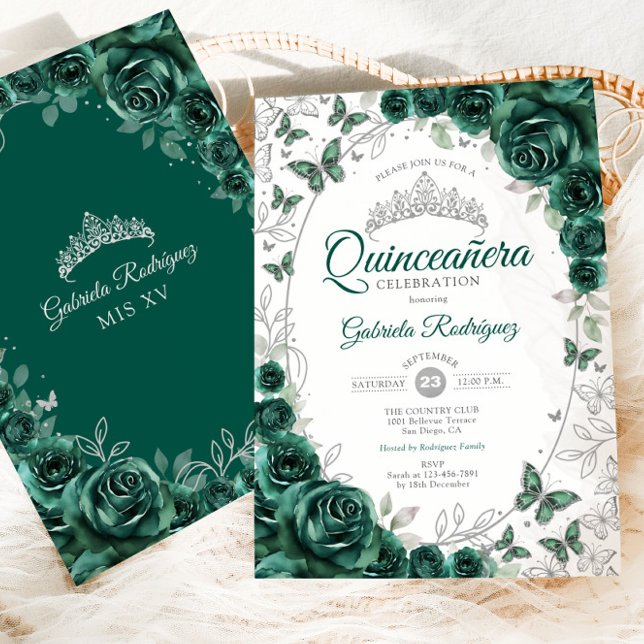 Invitation Vert émeraude Argent Floral Quinceanera (Créateur téléchargé)